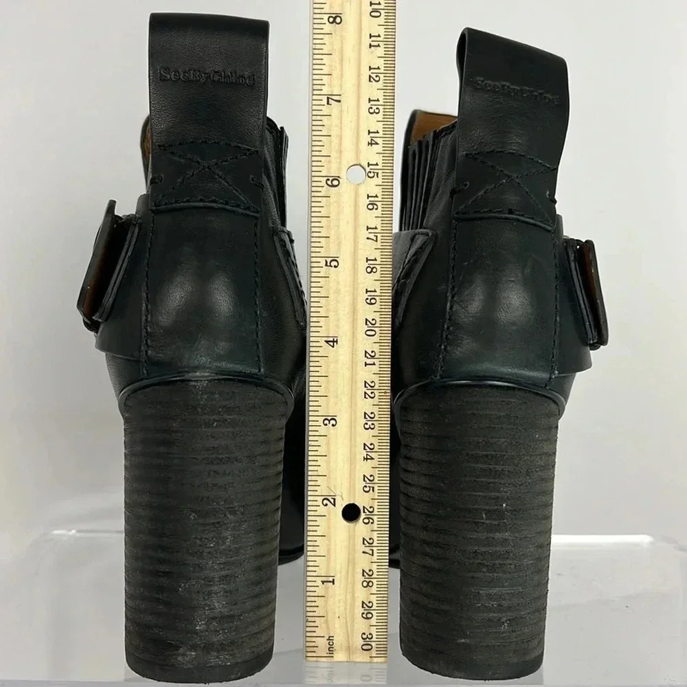 See By Chloe Black Cappa Leather Chelsea Ankle Booties Buckle Stacked Heel Sz 38